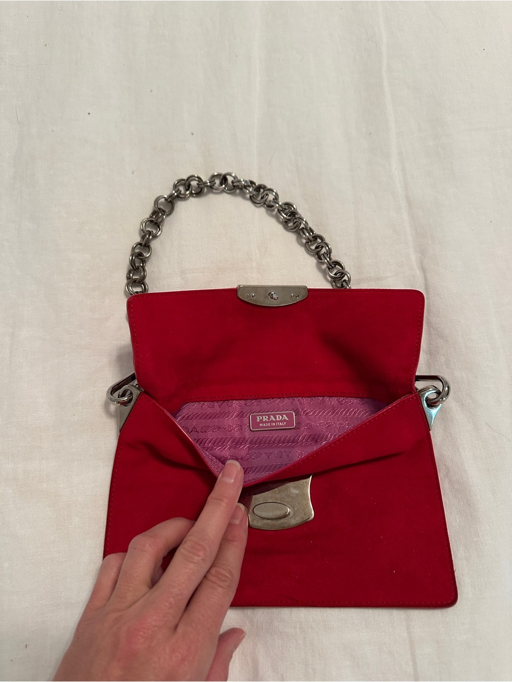 Prada Red Suede Mini Shoulder Bag with Silver Chain - Picture 3 of 7